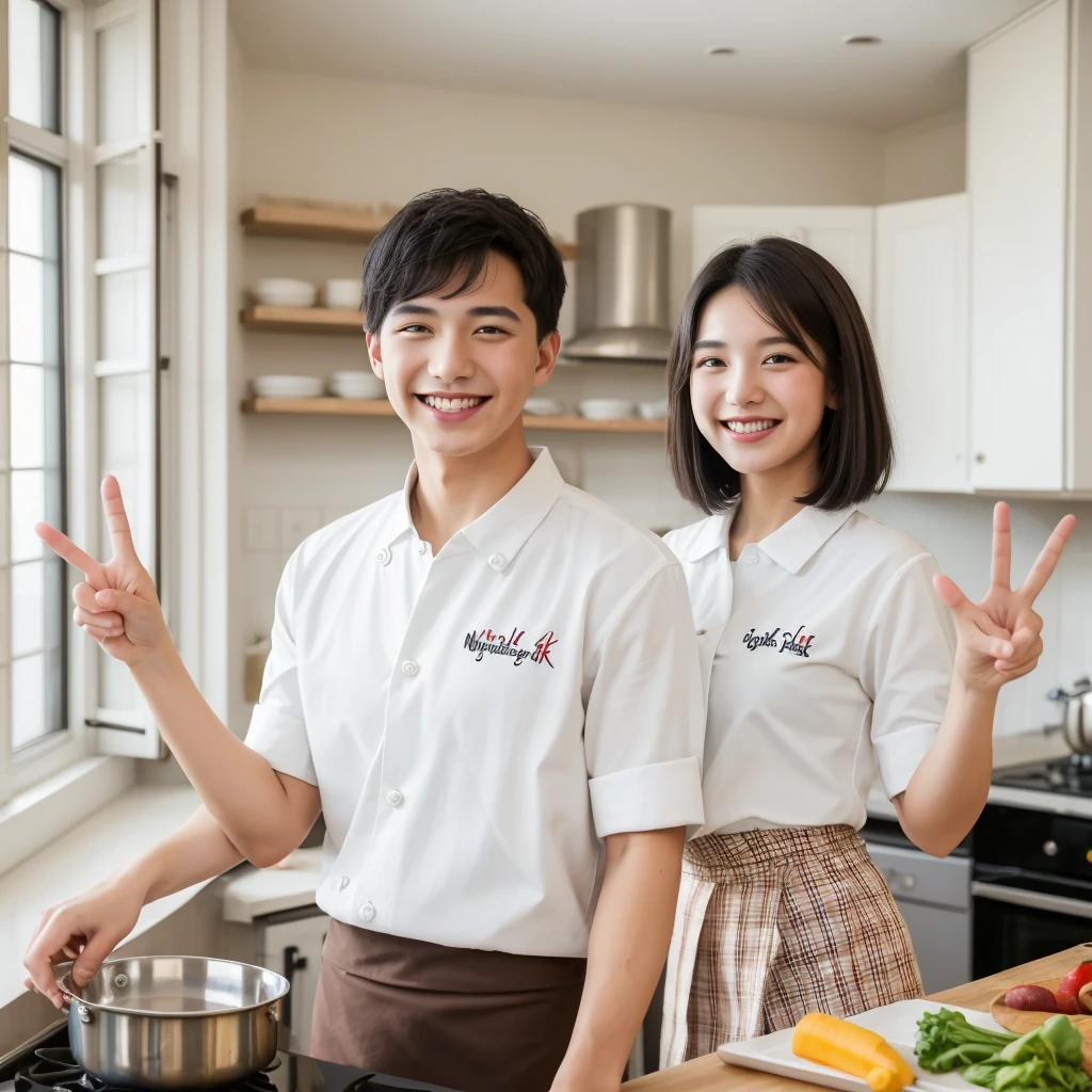 ((Highest quality, 8K, Masterpiece:1.3)), Young men and women, A confident smile, In the kitchen with a big window, enjoy, Cooking Japanese food, Smiling , talk, Peace sign gesture, Short black hair, Brown eyes, Brown Skin, student, Shirt and skirt, indoor, The face is very detailed, The fingers are very small