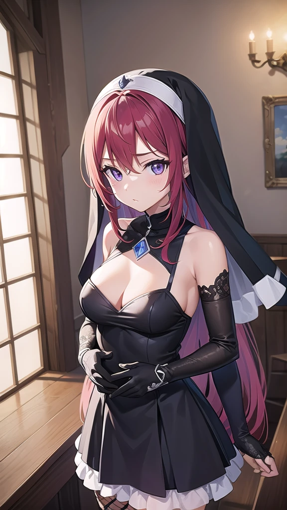 rosaria, rosaria, bags under eyes, hair between eyes, long eyelashes, multicolored hair, (purple eyes:1.1), purple hair, red hair, short hair, streaked hair, (medium breasts:1.2), BREAK bare shoulders, breasts, elbow gloves, fishnet pantyhose, fishnets, gem, gloves, gradient, nun, pantyhose, red gemstone, skindentation, thigh strap, tiara, white gloves,
BREAK looking at viewer, full body, (cowboy shot:1.5),
BREAK indoors, church,benches, candles, fire,
BREAK (masterpiece:1.2), best quality, high resolution, unity 8k wallpaper, (illustration:0.8), (beautiful detailed eyes:1.6), extremely detailed face, perfect lighting, extremely detailed CG, (perfect hands, perfect anatomy),from above,upper body.