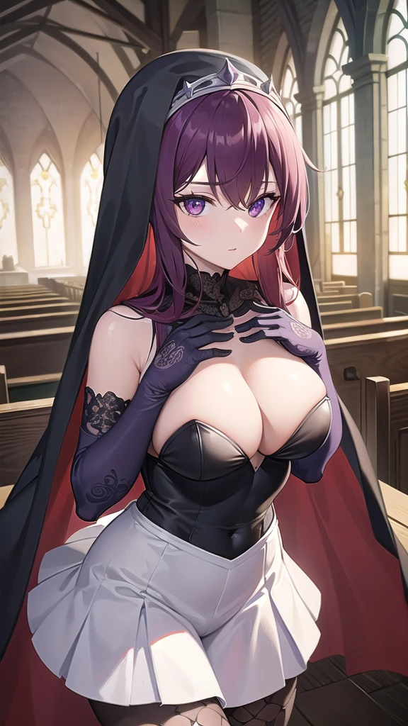 rosaria, rosaria, bags under eyes, hair between eyes, long eyelashes, multicolored hair, (purple eyes:1.1), purple hair, red hair, short hair, streaked hair, (medium :1.2), BREAK bare shoulders, breasts gloves, fishnet pantyhose, fis, gem, gloves, gradient, nun, pantyhose, red gems skindentation, thigh strap, tiara, white gloves,
BREAK looking at viewer, full body, (cowboy shot:1.5),
BREAK indoors, church,benches, candles, fire,
BREAK (masterpiece:1.2), best quality, high resolution, unity 8k wallpaper, (illustration:0.8), (beautiful detailed eyes:1.6), extremely detailed face, perfect lighting, extremely detailed CG, (perfect hands, perfect anatomy),from above,upper body.