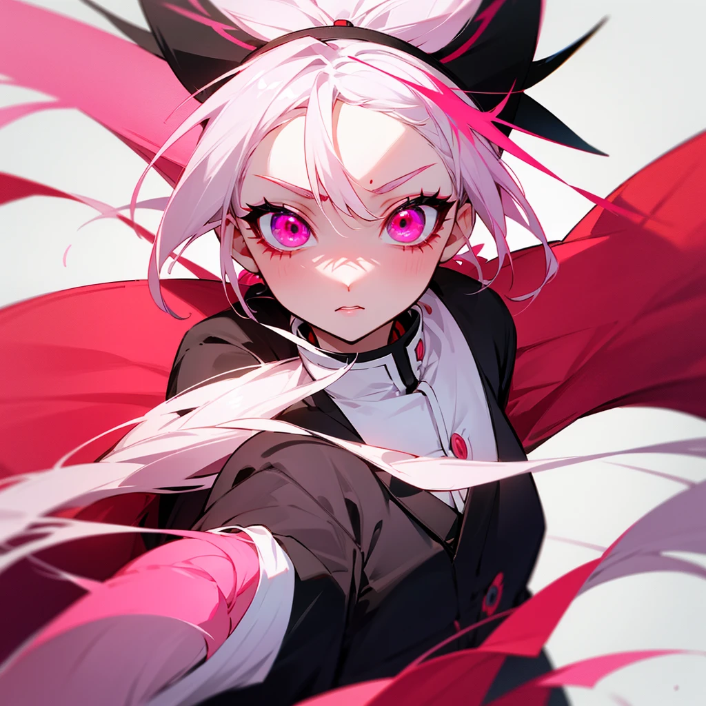kimetsu female character, one red eye and one pink eye with white hair, white eyelashes too