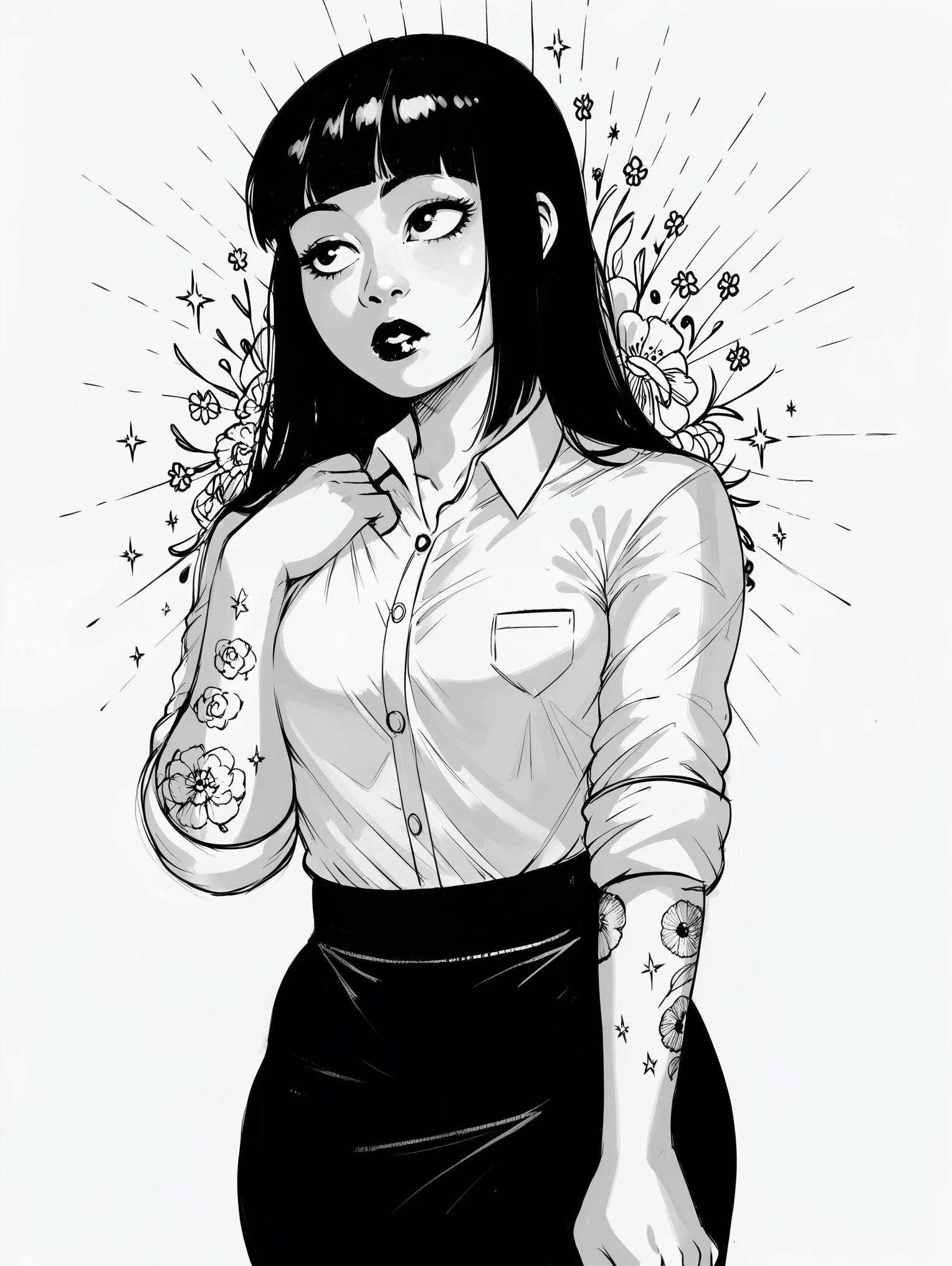 score_9, score_8_up, score_7_up, 1girl, sketch, sp1t, monochrome, detailed background, Asian, white shirt, black skirt, rolled up sleeves, sunny, lovely, hime cut hair, curious face, black lips, black eyes, tattoos

