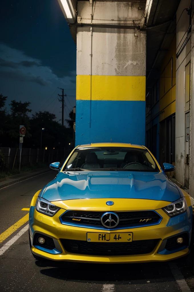 Blue night, yellow car
