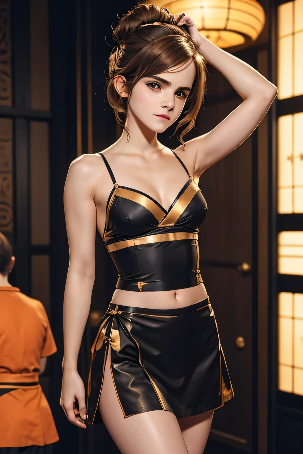 Emma Watson, gold doctor straight slip dress , dark color Geisha cotton fabric, wearing dark orange mini skirt fabric , (prominent round big breasts:1.5, small waist, medium hips, perfect face)