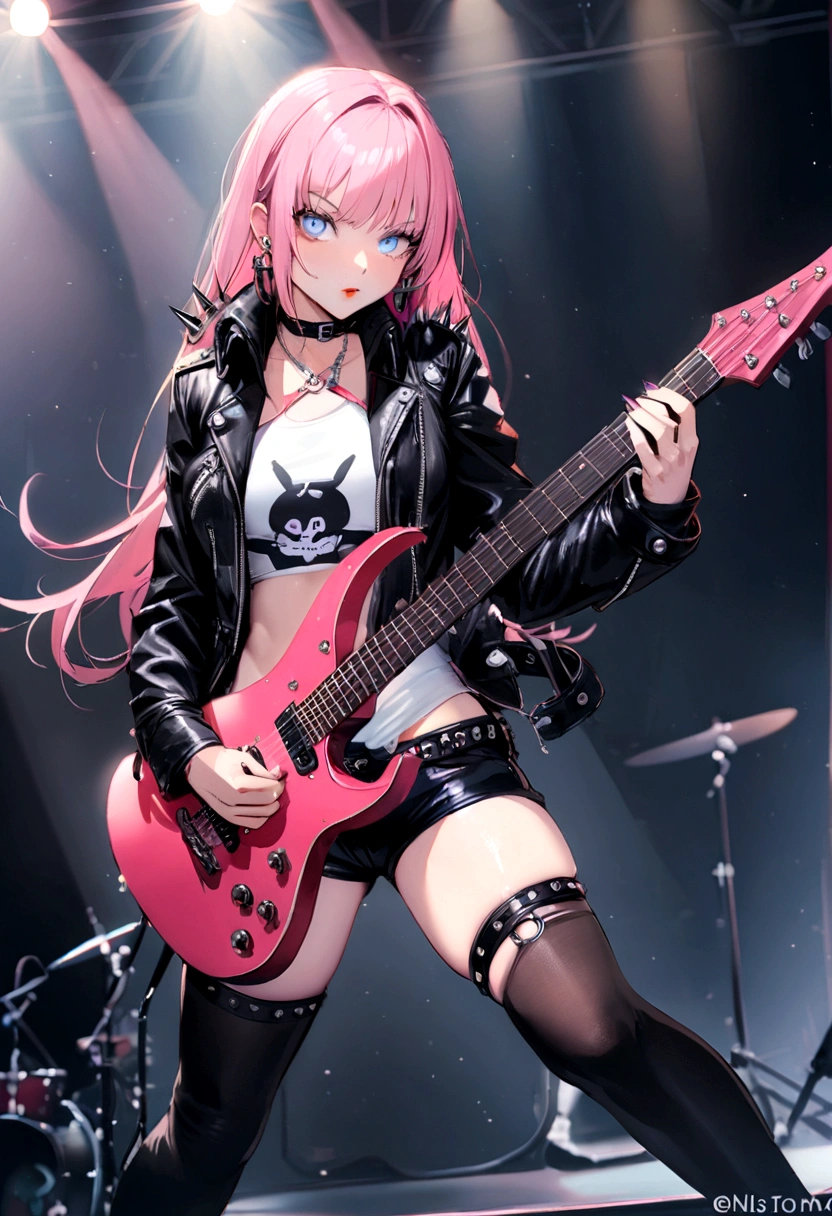 realisitic:1.2, Rocker girl wearing a leather jacket,slim body shape、Normal bust size、 highly realisitic photograph,  full body shot shot, １Two electric guitars, clothes with spikes,white top、exposed belly button、low waist leather shorts,tatoo,dark lipstick earrings, blue colored eyes,twintail pink hair,black ribbon, beautiful and perfect legs, confident looking, punk style ,dynamic pose, dynamic lighting, colorful stage,colorful stage lights,