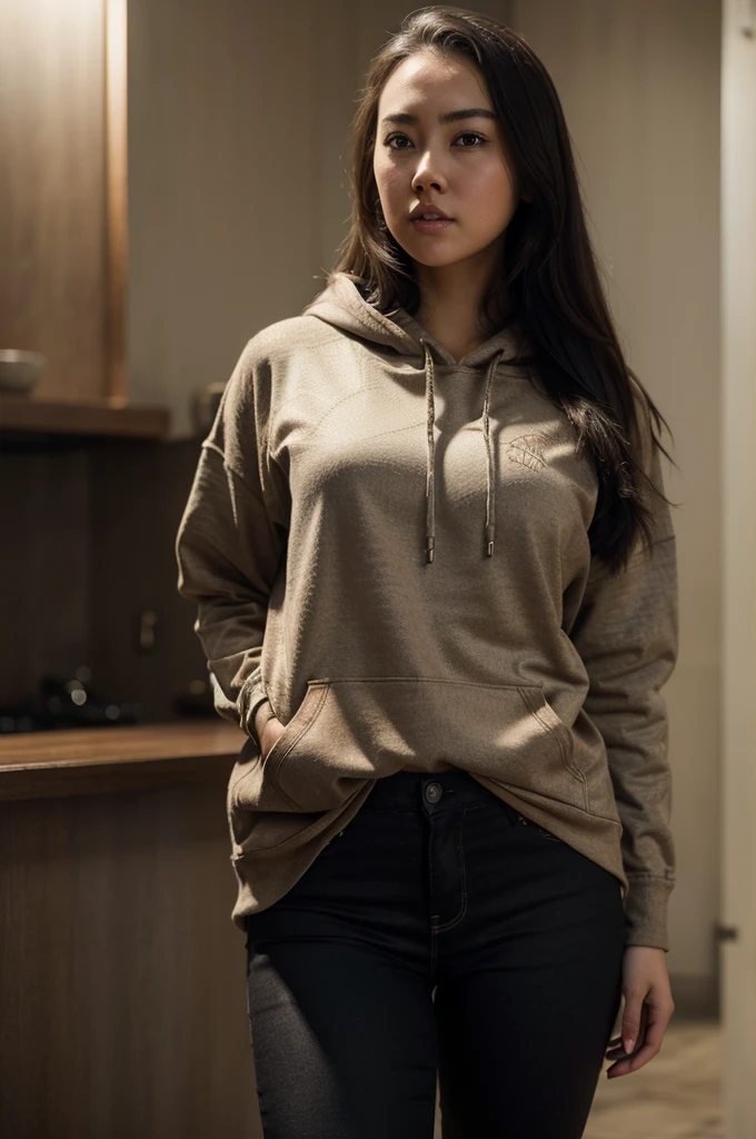 a beautiful detailed portrait of Jessica Henwick, wearing a brown hoodie and black jeans, extremely detailed eyes and face, longeyelashes, detailed clothing textures, natural lighting, cinematic composition, 8k, photorealistic, realistic skin texture, high quality