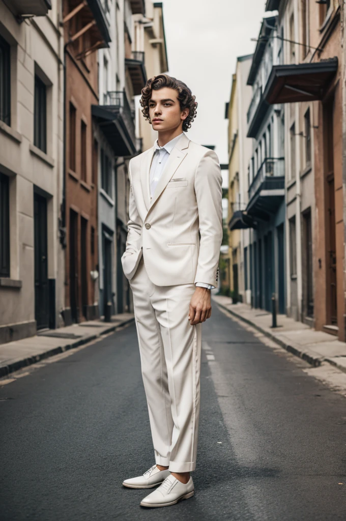 Boy with raised curlers, background of a street, elegant clothes, 8k 