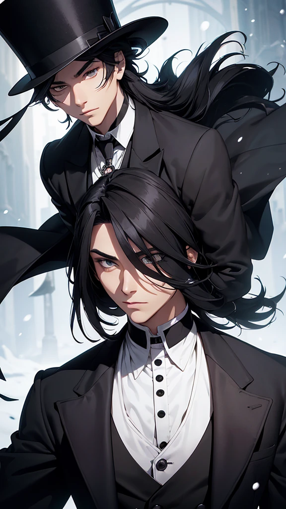 A beautiful young man, hair black as night, grey eyes, Snow white skin, The figure is standing, slightly muscular, with the body slightly turned to the left. Your head is covered by a digital lock to preserve privacy. In his right hand he holds a top hat at chest height., while the left arm extends downward and appears to hold the upper end of a cane or umbrella. The long black coat he wears has a double breasted, with large, visible buttons on the front. under the coat, You can see that it appears to be a dark tie on a white shirt. The vest is decorated with a fine chain, which could be part of a pocket watch, his serious and somber look.
