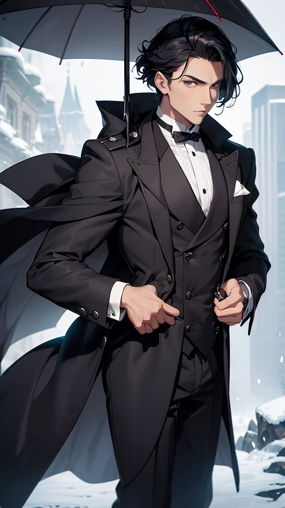 A beautiful young man, hair black as night, grey eyes, Snow white skin, The figure is standing, slightly muscular, with the body slightly turned to the left. Your head is covered by a digital lock to preserve privacy. In his right hand he holds a top hat at chest height., while the left arm extends downward and appears to hold the upper end of a cane or umbrella. The long black coat he wears has a double breasted, with large, visible buttons on the front. under the coat, You can see that it appears to be a dark tie on a white shirt. The vest is decorated with a fine chain, which could be part of a pocket watch, his serious and somber look.