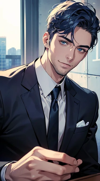 (best quality,4k,8k,highres,masterpiece:1.2),ultra-detailed,(realistic,photorealistic,photo-realistic:1.37),1 man,31 years old,mature man,very handsome,without expression,smile,short blue hair,blue eyes,penetrating gaze,perfect face without errors,imposing posture,businessman,office background,cinematic lighting,hdr image