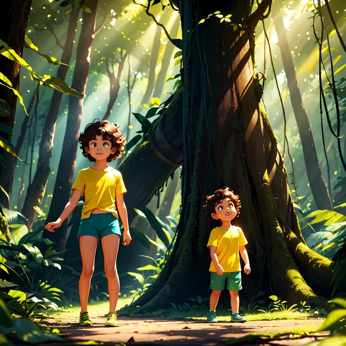A lush, green forest with tall trees and sunlight streaming through the leaves, casting dappled shadows on the ground. Two children, Bia (a girl with short brown hair, wearing a yellow t-shirt and blue shorts) and Leo (a boy with curly black hair, wearing a red t-shirt and green shorts), are happily exploring the forest together.
