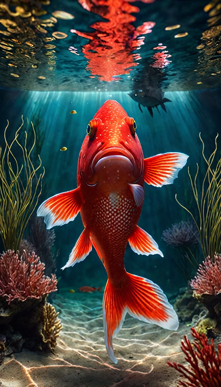 Front view,A red fish at the bottom of a deep lake(best quality,4K,8K,High level,masterpiece:1.2),Ultra Detailed,(lifelike,Photo real,Photo real:1.37),Highly detailed animals,Complex patterns,Realistic lighting,Fantasy Creatures