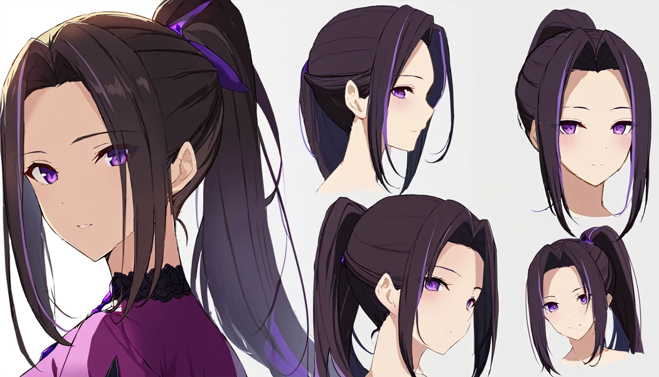 One Mature woman,human, Dark hair with purple strands, Ponytail, purple eyes, HeadShot, beautiful, masterpiece, best quality, perfect lighting, extremely detailed CG unity 8k wallpaper, reference sheet, model sheet, simple white background, multiple views.