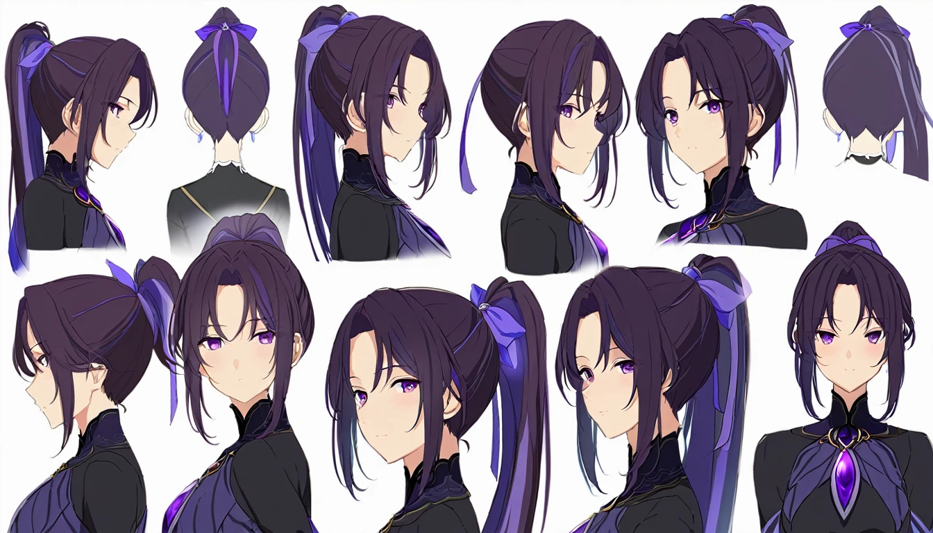 One Mature woman,human, Dark hair with purple strands, Ponytail, purple eyes, HeadShot, beautiful, masterpiece, best quality, perfect lighting, extremely detailed CG unity 8k wallpaper, reference sheet, model sheet, simple white background, multiple views.