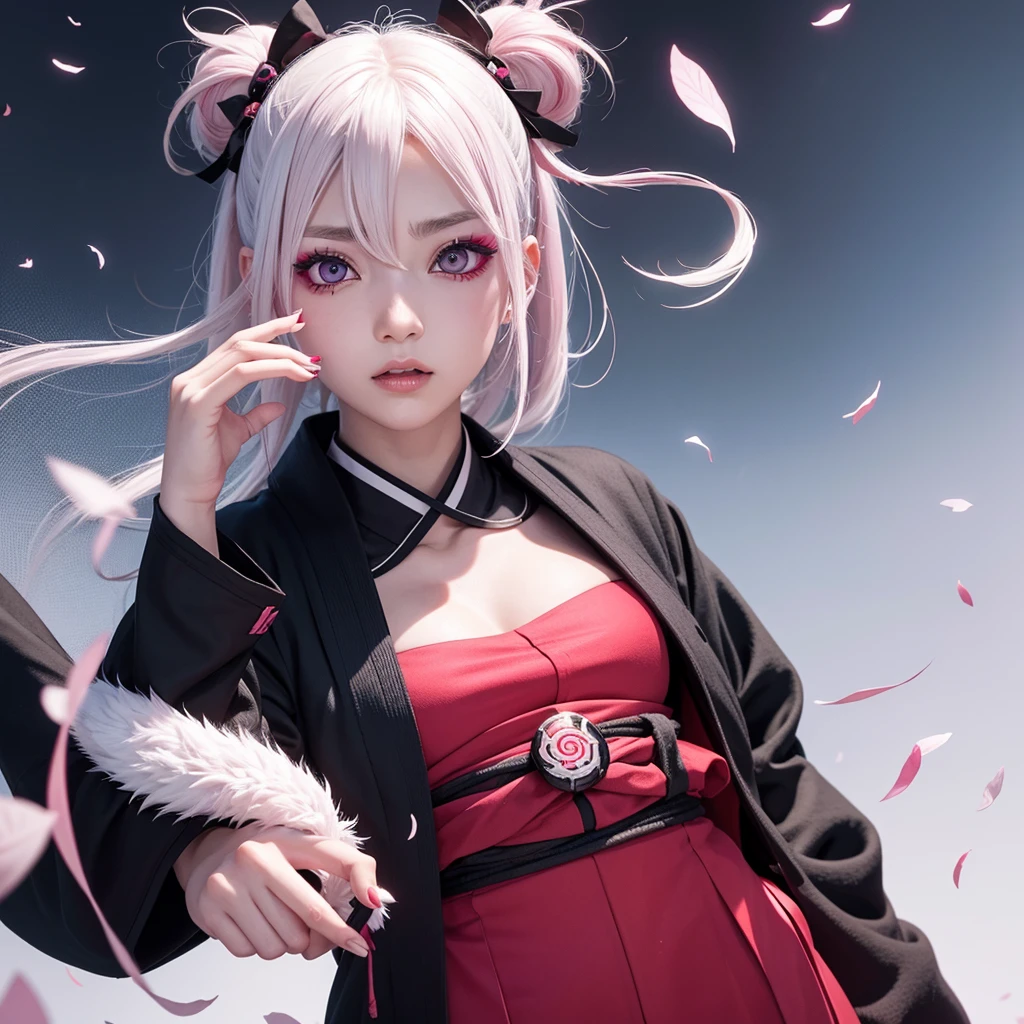 kimetsu female character, one red eye and one pink eye with white hair, white eyelashes too