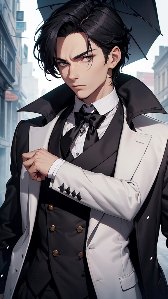 A beautiful young man, hair black as night, grey eyes, Snow white skin, The figure is standing, slightly muscular, with the body slightly turned to the left. Your head is covered by a digital lock to preserve privacy. In his right hand he holds a top hat at chest height., while the left arm extends downward and appears to hold the upper end of a cane or umbrella. The long black coat he wears has a double breasted, with large, visible buttons on the front. under the coat, You can see that it appears to be a dark tie on a white shirt. The vest is decorated with a fine chain, which could be part of a pocket watch, his serious and somber look.
