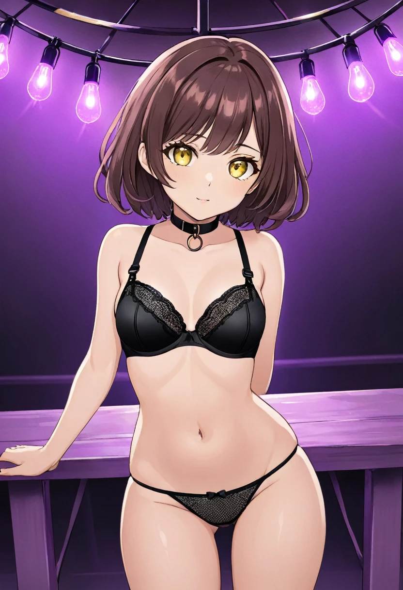 a one woman, wearing only a black bra, and a pair of black Cortinha thong panties with the bars up and a little collar, in a whorehouse full of purple lights, with brown hair and yellow eyes