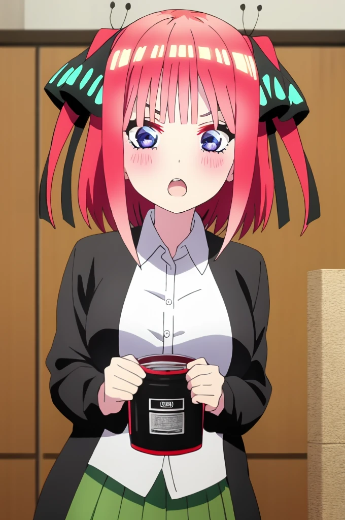 ((best quality)),((highly detailed)),masterpiece,absurdres,detailed face,beautiful face,(detailed eyes, deep eyes),1girl,((dynamic pose)) , Nino, pink hair, blue eyes, butterfly hair ornament, black ribbon, skirt, hair ornament, shirt, bangs, ribbon, green skirt, white shirt, black cardigan, cardigan, open clothes, open cardigan, blunt bangs, hair ribbon, , holding, breasts, pleated skirt, open mouth, v-shaped eyebrows, short hair, twintails, collared shirt, indoors, medium hair, blush, solo, eyebrows hidden by hair, long sleeves, :o, two side up, large breasts, dress shirt, shiny hair, standing, shiny, looking at viewer, medium breasts