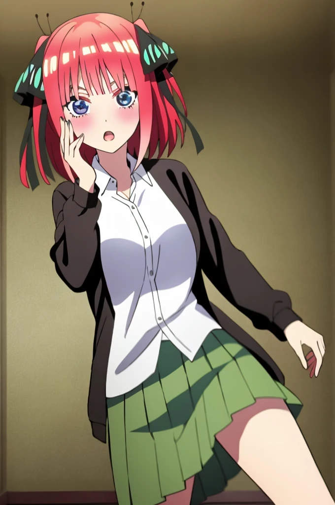 ((best quality)),((highly detailed)),masterpiece,absurdres,detailed face,beautiful face,(detailed eyes, deep eyes),1girl,((dynamic pose)) ,  Nino, pink hair, blue eyes, butterfly hair ornament, black ribbon, skirt, hair ornament, shirt, bangs, ribbon, green skirt, white shirt, black cardigan, cardigan, open clothes, open cardigan, blunt bangs, hair ribbon, , holding, breasts, pleated skirt, open mouth, v-shaped eyebrows, short hair, twintails, collared shirt, indoors, medium hair, blush, solo, eyebrows hidden by hair, long sleeves, :o, two side up, large breasts, dress shirt, shiny hair, standing, shiny, looking at viewer, medium breasts