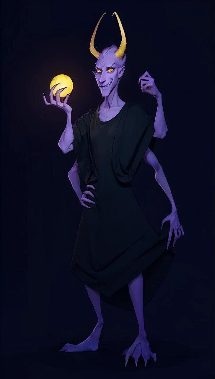 Purple devil, yellow eyes, long nose, long yellow horns, purple habit, skinny arms, skinny legs