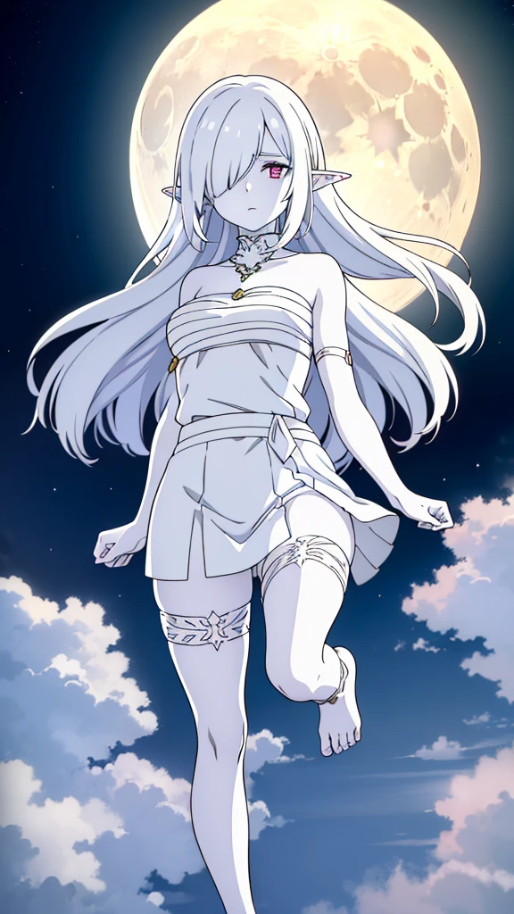 (1girl,25 years old,mature female),solo,white hair,long hair,(((white skin,colored skin))),elf ears,(((hair over one eye)))(night,moon,flying,bare feets),((wrapped_chest,white mini skirt)),from above,pink eyes,face close up