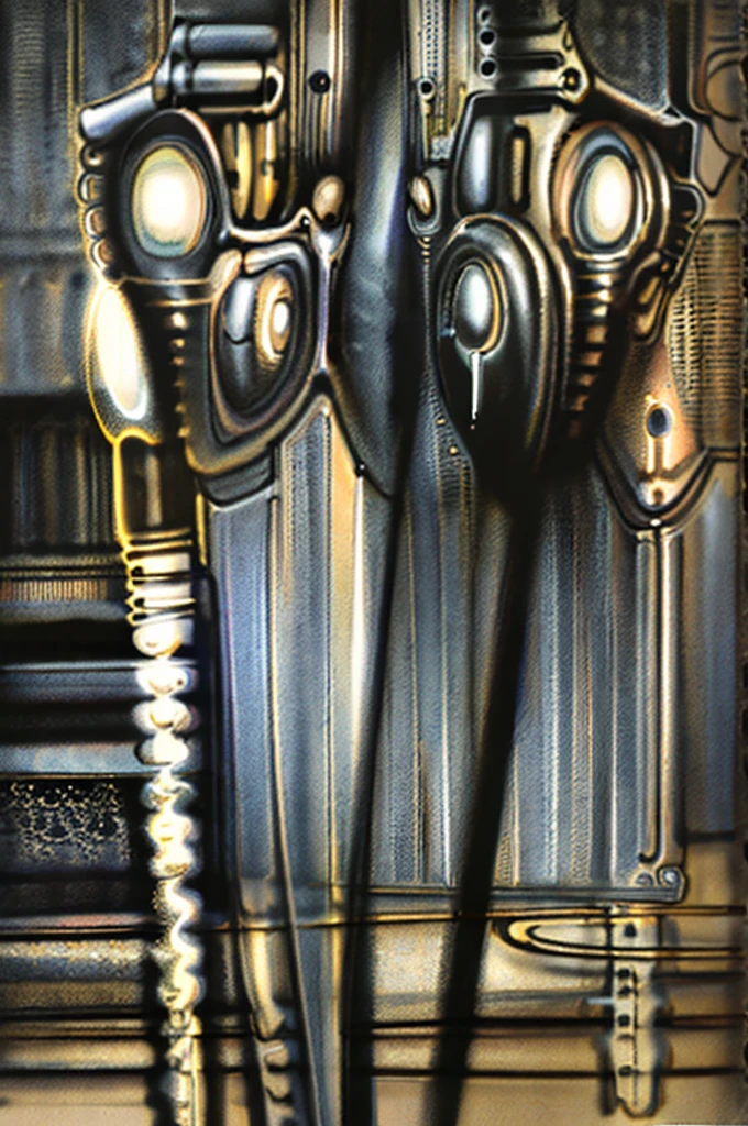 The image is a detailed view of H.R. Giger's \" Necronom XVI \" plate, featuring a complex network of bones and organs in a purple-brown hue ,swirling gray and brown colors. The artwork is silver and purplish brown, with an ivory bones prominently displayed. The image is highly detailed and intricate, almost like a 3d version of a medical sketch The piece is a tableau, most likely created with a India ink pen or pencil on paper, determined by the thin lines, shading techniques, and the texture of the paper, which is visible around the edges. used is pen, given the shading and variations in line weight visible in the image. One have used a variety of pencils with different degrees of hardness to achieve the shading effects