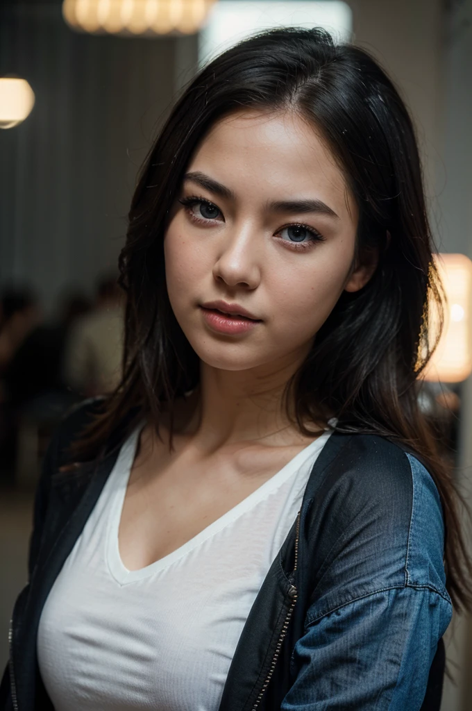 Jessica Henwick, black jacket, white t-shirt, blue jeans, from behind, 1girl, beautiful detailed eyes, beautiful detailed lips, extremely detailed face and portrait, long eyelashes, cinematic lighting, realistic, photorealistic, photo-realistic:1.37, best quality, 4k, 8k, highres, masterpiece:1.2, ultra-detailed, studio lighting, vivid colors, bokeh