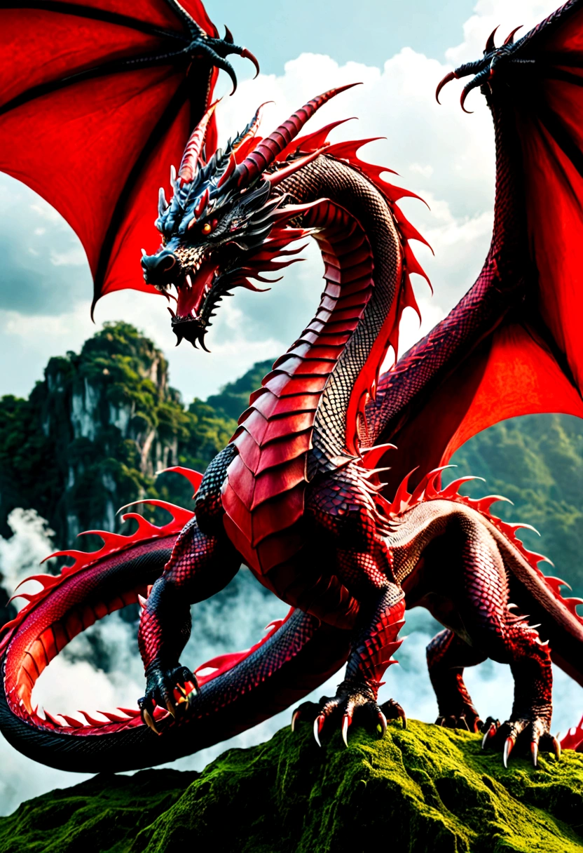 Infinite long dragon with tail, vibrant red color, intimidating, angry look, sophisticated, magco, beautiful
