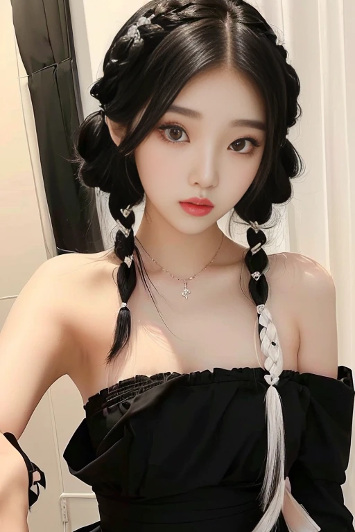 a closeup of a woman with long hair and black dress, with black Collections, Collections hairstyle, two Collections hairstyle, two tail hairstyle, Collections hair, korean girl, wide collection, hair in Collections, ulzzang, Collections, pigtail braids, short Collections hair, beautiful south korean woman, pale korean adorable face