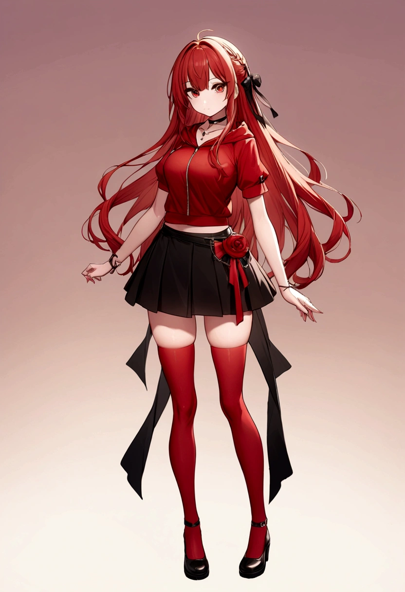 a girl with a red skirt and a black skirt that is under the red shirt . red stockings . red zip up hoodie, black shirt underneath with short sleeves and ,red hair, long hair and a flower with a ribbon on the bottom on the side on the hair and red eyes has a black Choker , and a small heart red necklace ,  has a ribbon bow waistband , full body 