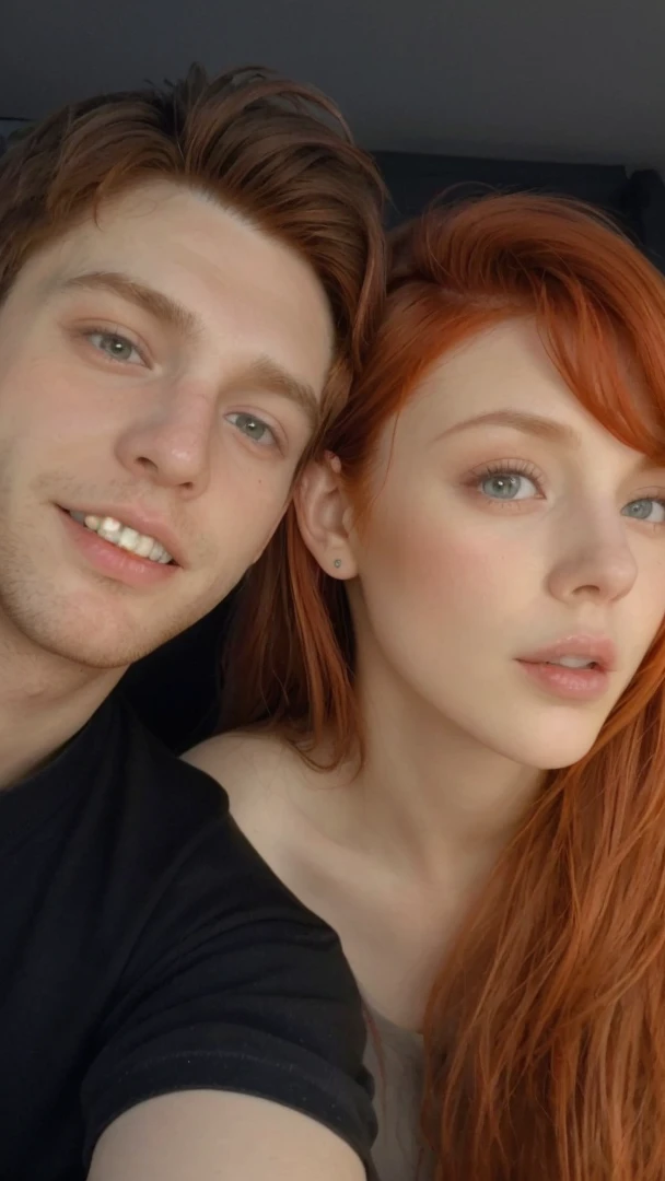A man with brown hair and a woman with red hair standing around taking a photo, full hd, 4K