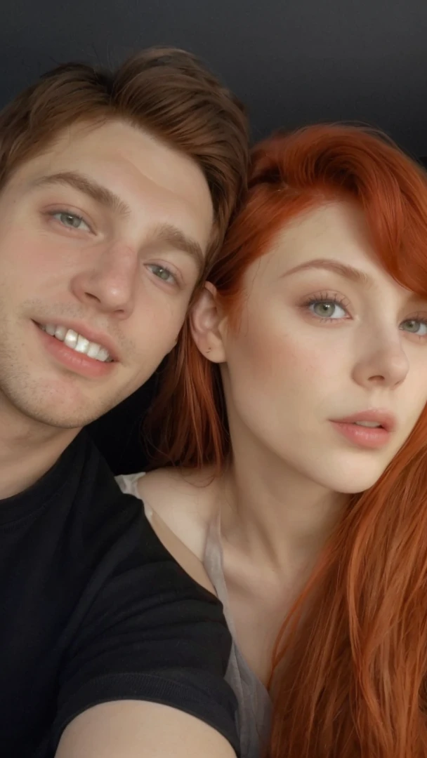 A man with brown hair and a woman with red hair standing around taking a photo, full hd, 4K 