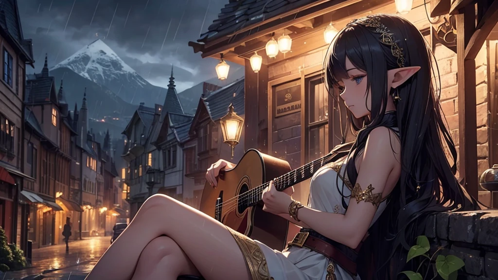 An elf playing music while sitting at night on a dark medieval themed street with a tavern opposite and it's also raining. Even though it is night, there is a bright theme. Wearing an impressive dress, the elf attracts attention with her sexiness. His seat is under a tree. There are mountains rising behind the city. The girl was relieved by the sound of the rain and the guitar she was playing in her hand. He sits back, closes his eyes, relaxes and rests. The details of the elf are realistic and beautiful. The dress she wears is low-cut and slightly nude. Even though the city is in medieval style, it was built in the building style of the elves, and the details and beauty of the city attract attention as much as the elf.