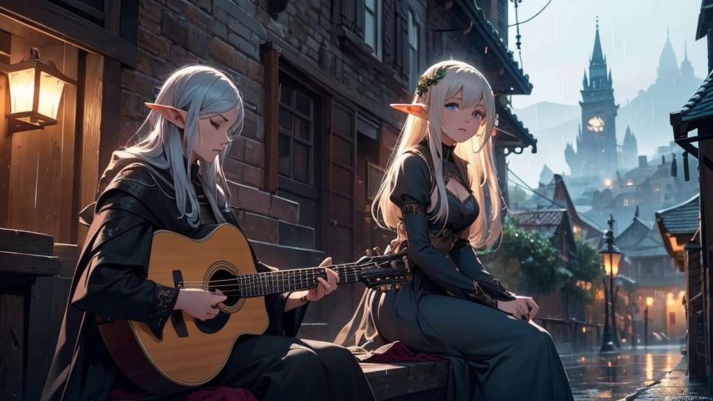 An elf playing music while sitting at night on a dark medieval themed street with a tavern opposite and it's also raining. Even though it is night, there is a bright theme. Wearing an impressive dress, the elf attracts attention with her sexiness. His seat is under a tree. There are mountains rising behind the city. The girl was relieved by the sound of the rain and the guitar she was playing in her hand. He sits back, closes his eyes, relaxes and rests. The details of the elf are realistic and beautiful. The dress she wears is low-cut and slightly nude. Even though the city is in medieval style, it was built in the building style of the elves, and the details and beauty of the city attract attention as much as the elf.
