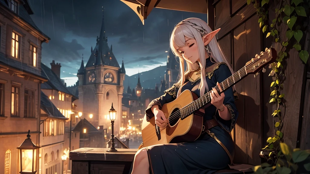 An elf playing music while sitting at night on a dark medieval themed street with a tavern opposite and it's also raining. Even though it is night, there is a bright theme. Wearing an impressive dress, the elf attracts attention with her sexiness. His seat is under a tree. There are mountains rising behind the city. The girl was relieved by the sound of the rain and the guitar she was playing in her hand. He sits back, closes his eyes, relaxes and rests. The details of the elf are realistic and beautiful. The dress she wears is low-cut and slightly nude. Even though the city is in medieval style, it was built in the building style of the elves, and the details and beauty of the city attract attention as much as the elf.