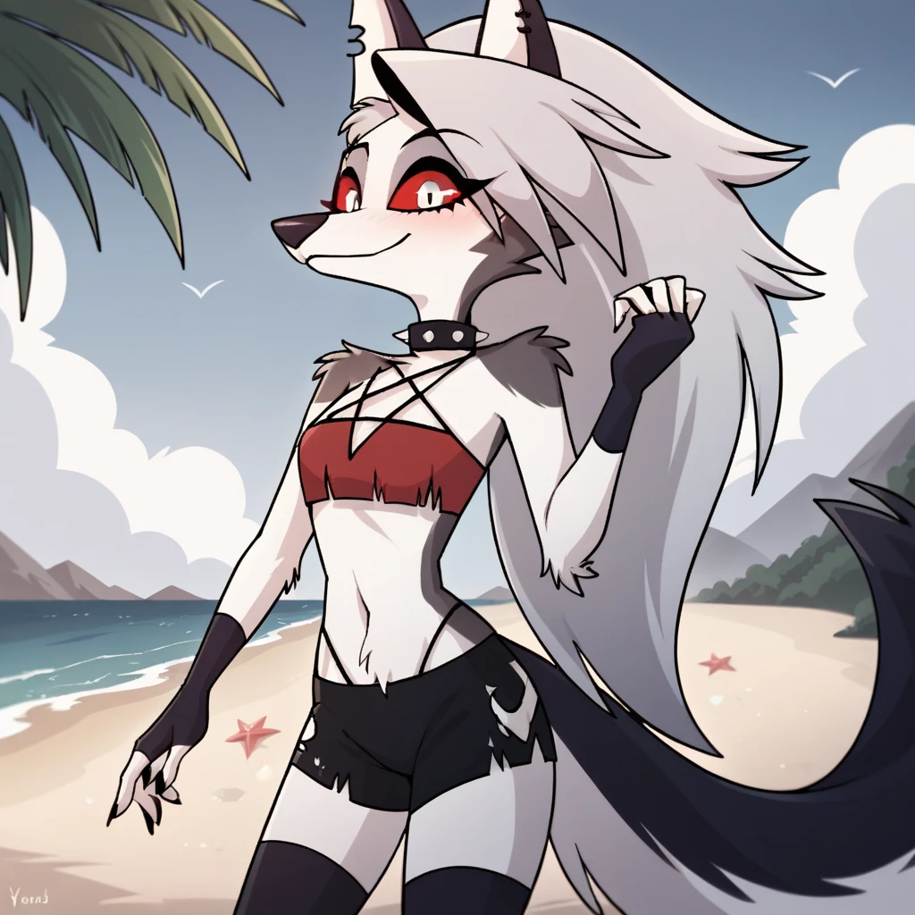 score_9, score_8_up, BREAK, source_anime, uncensored, perfect body, slim, thigh highs, fingerless gloves,
anthro, furry, pose, sexy,
Loona \(Helluva Boss\), NSFW, red swimsuit, bikini, head back, anthro male maned wolf with long spiked white hair and black face, black boxers, blushing, high detail, walking on beach, holding hands, smiling, open eyes