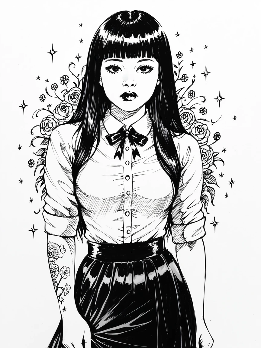 score_9, score_8_up, score_7_up, 1girl, sketch, sp1t, monochrome, detailed background, Asian, white shirt, black skirt, rolled up sleeves, sunny, lovely, hime cut hair, curious face, black lips, black eyes, tattoos