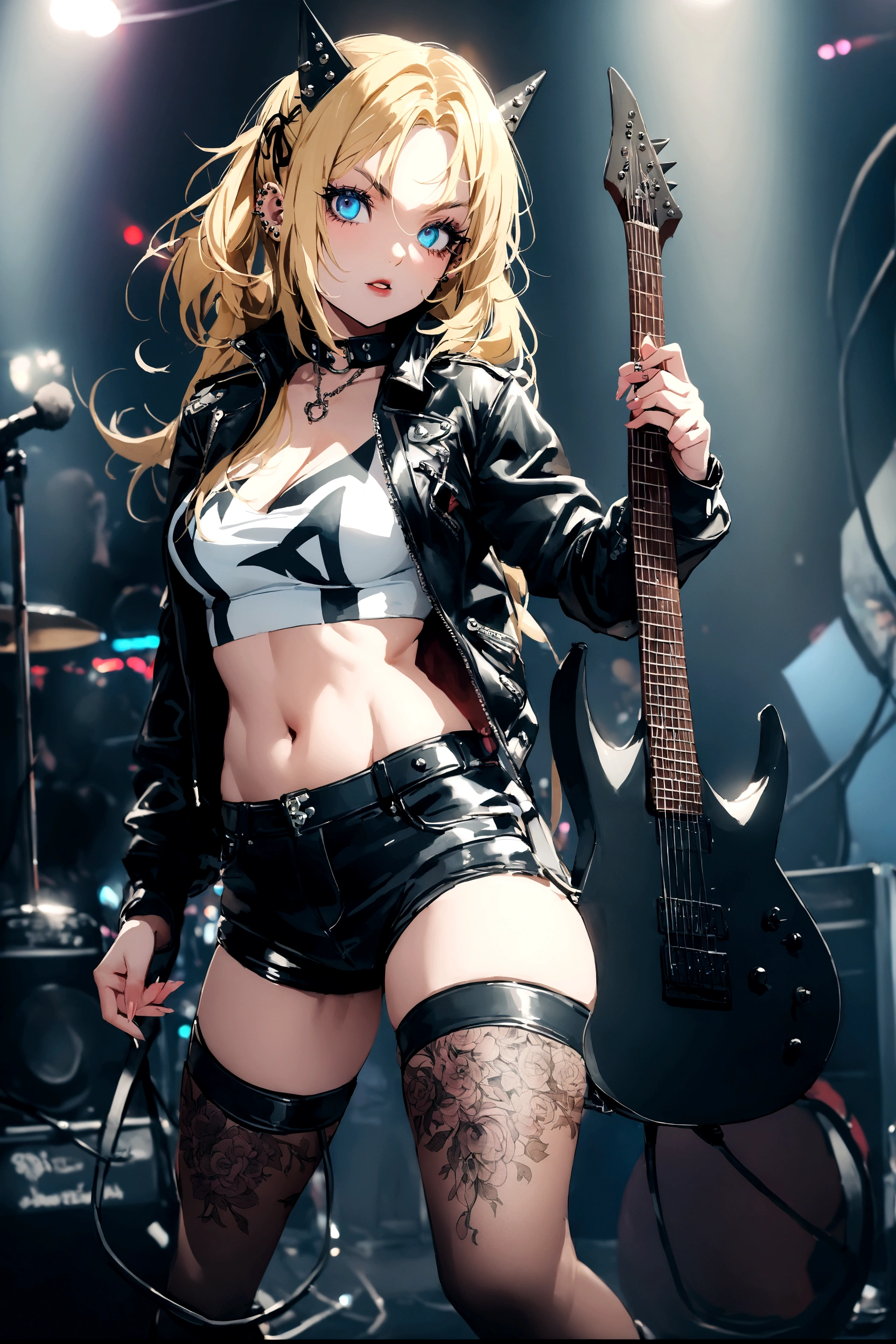 realisitic:1.2, Rocker girl in leather jacket,slender figure、Normal bust size、 highly realisitic photograph,  full body shot shot, １Two electric guitars, clothes with spikes,white top、へそ、Low-rise leather shorts,tatoo,Piercings Batom escuro, blue colored eyes,twintail blonde hair,black ribbon, beautiful and perfect legs, confident expression, punk style ,dynamic pose, dynamic lighting, colorful stage,colorful stage lights,