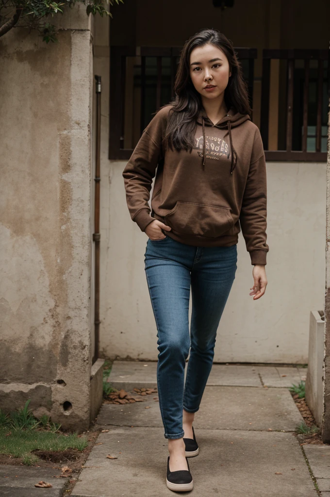 Jessica Henwick, brown hoodie, black jeans