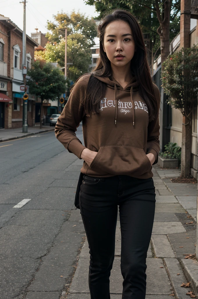 Jessica Henwick, brown hoodie, black jeans