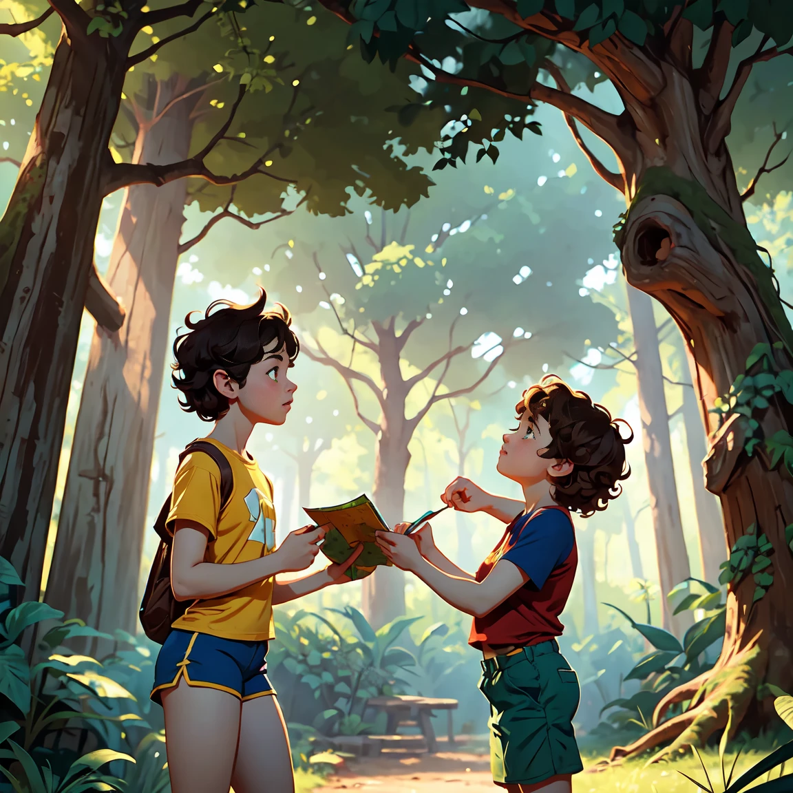 "In a dense part of the forest, Bia (a girl with short brown hair, wearing a yellow t-shirt and blue shorts) and Leo (a boy with curly black hair, wearing a red t-shirt and green shorts) come across a large, ancient tree with thick, gnarled roots. A mysterious, old map is stuck to the tree's trunk with a rusted nail. Bia reaches up to take the map while Leo watches, intrigued.