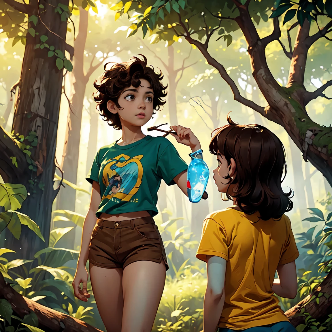 "In a dense part of the forest, Bia (a girl with short brown hair, wearing a yellow t-shirt and blue shorts) and Leo (a boy with curly black hair, wearing a red t-shirt and green shorts) come across a large, ancient tree with thick, gnarled roots. A mysterious, old map is stuck to the tree's trunk with a rusted nail. Bia reaches up to take the map while Leo watches, intrigued.