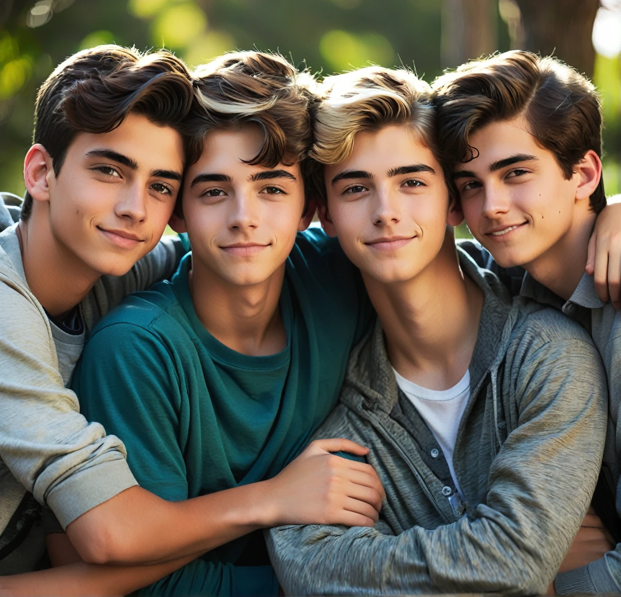 3 different cute male teenagers cuddling together