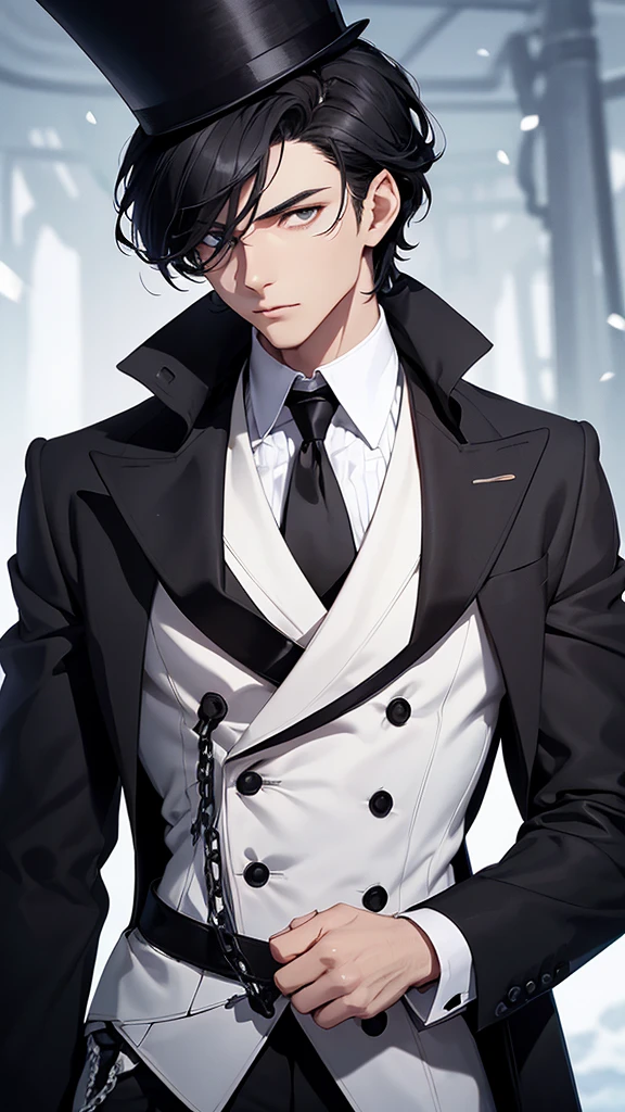 A beautiful young man, hair black as night, grey eyes, Snow white skin, The figure is standing, slightly muscular, with the body slightly turned to the left. Your head is covered by a digital lock to preserve privacy. In his right hand he holds a top hat at chest height., while the left arm extends downward and appears to hold the upper end of a cane or umbrella. The long black coat he wears has a double breasted, with large, visible buttons on the front. under the coat, You can see that it appears to be a dark tie on a white shirt. The vest is decorated with a fine chain, which could be part of a pocket watch, his serious and somber look.