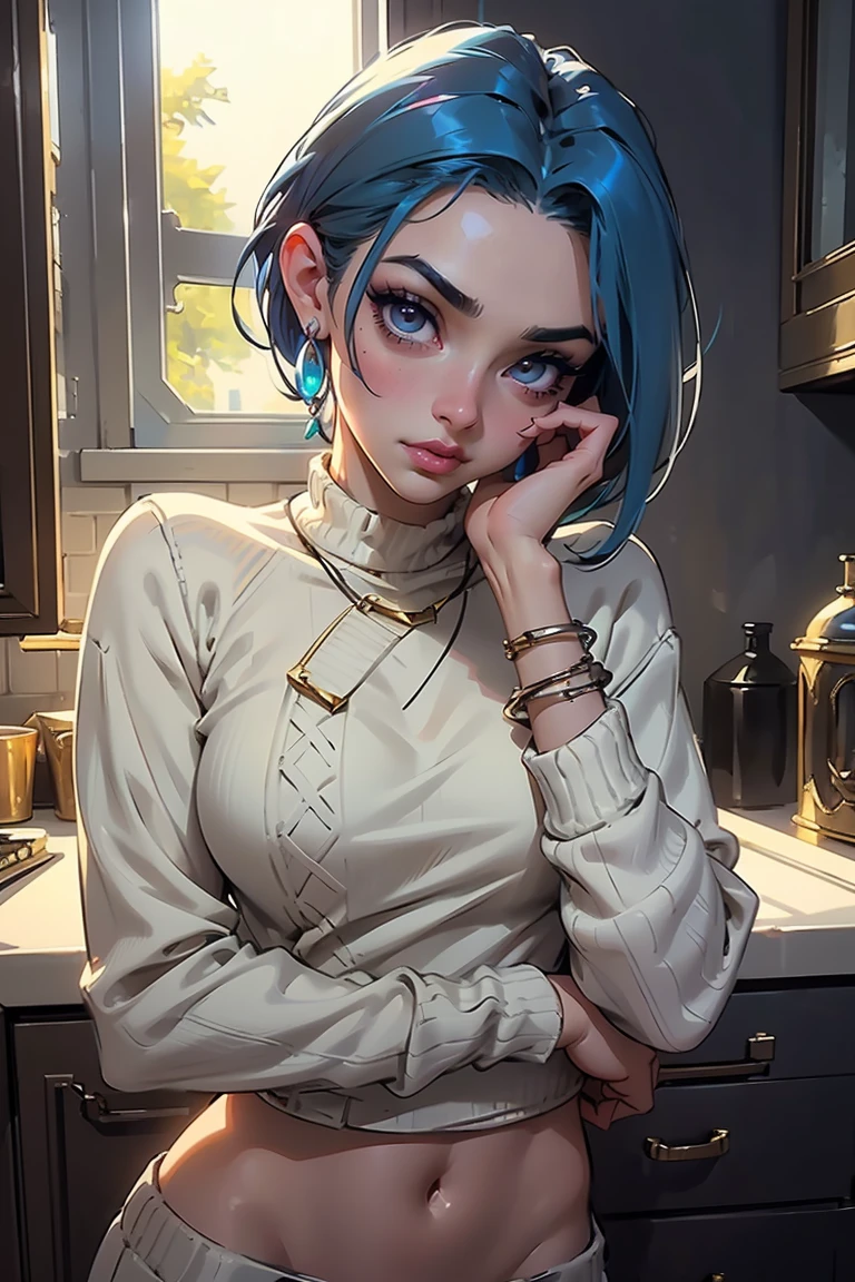 Goddess ((goddess-like woman)), slim elegant silhouette, masterpiece, (close angle), best quality, pale skin, fair skin, sweet face, (masterpiece:1,2, best quality), (real picture, intricate details), (1 lady , solo, medium tits, slim waistline, ), ((Jinx/LOL)), a woman short hair, darkblue hair, brown eyes, (darkblue hair), she has an impressive presence., short hair, bracelet, hoop earrings, jewelry, beautiful face, beautiful eyes, she looks the Looking at viewer, She is wearing a large white blouse under a colorful wool sweater and short sweatpants., big sweater, Nerdy girl, sweet shy smile, elegant pose, elegant hands, beautiful hands, perfect fingers,, Background: Room, Kitchen,