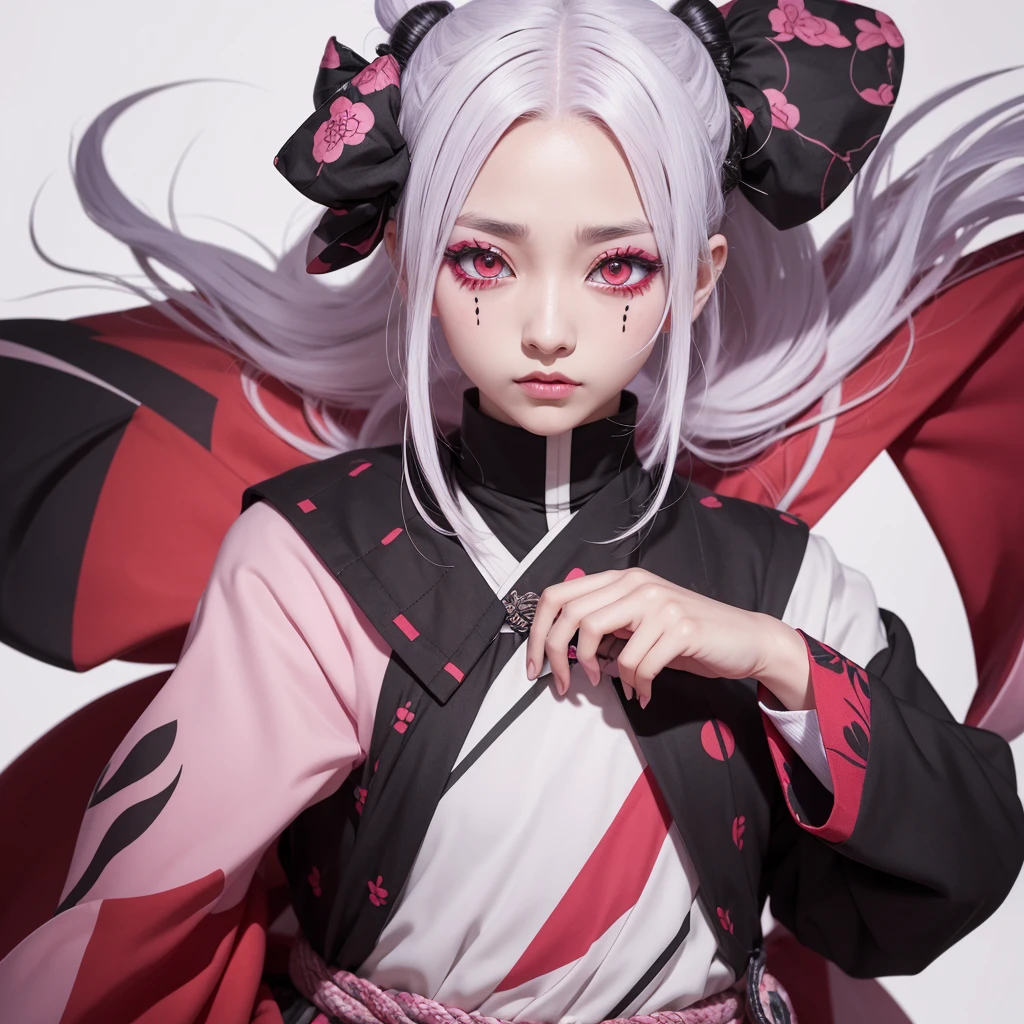 kimetsu female character, one red eye and one pink eye with white hair, white eyelashes too