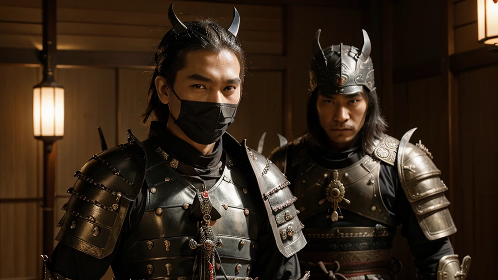 Man wearing ancient samurai armor ,Wear ancient samurai armor ,สวมหน้ากากdevilโบราณ, Ninja Fuma, devil