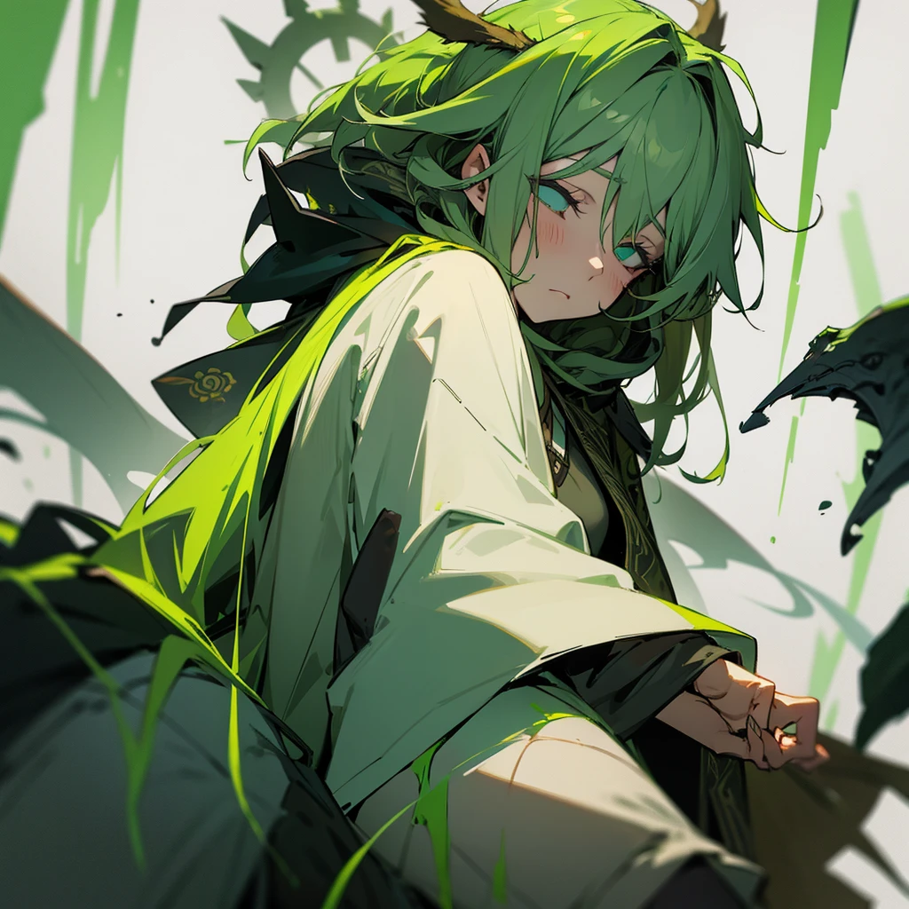 Druid woman with mask aside, messy green hair and sleepy look