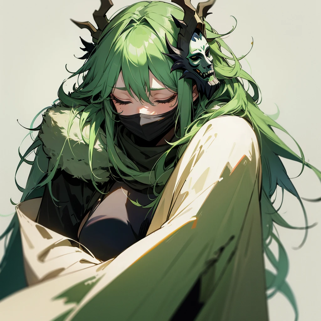 Druid woman with mask aside, messy green hair and sleepy look