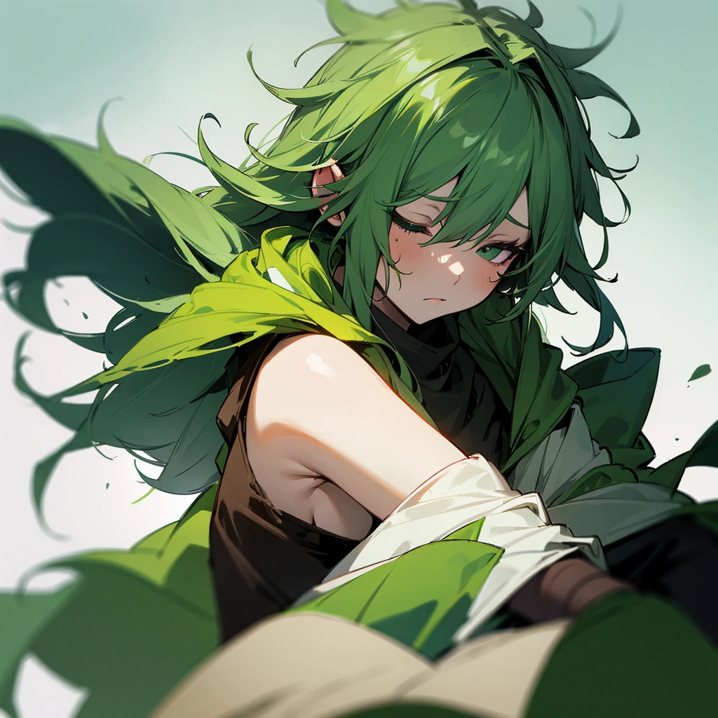Druid woman with mask aside, messy green hair and sleepy look