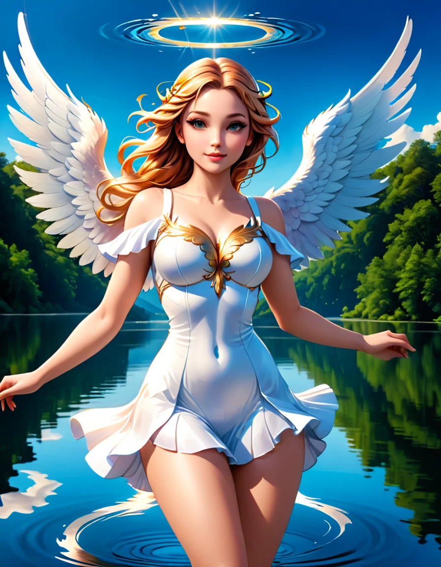 a picture of a female angel flying over a lake ((the angel's reflection in the lake: 1.5)), a beautiful female angel, divine beauty angel, ultra detailed face, (best detailed face: 1.3), dynamic eye color, dynamic hair color, dynamic hair style, intense gaze,  wearing dynamic clothing, hovering over a lake, (white angelic wings spread: 1.3),  vibrant, Ultra-high resolution, High Contrast, masterpiece:1.2, highest quality, Best aesthetics), best details, best quality, highres, ultra wide angle, 16k, [ultra detailed], masterpiece, best quality, (extremely detailed),